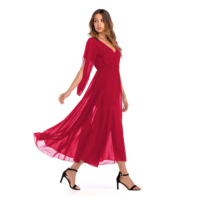 Womens Chiffon Maxi Dress Deep V Neck Color Block Flowy Design Spring Summer Fashion Wholesale A