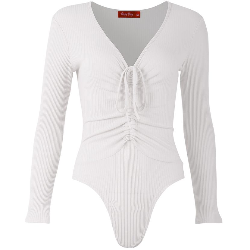 Deep V Neck Drawstring Triangle Jumpsuit Solid Color Knitted Stretch Fabric Casual Wear for Wome