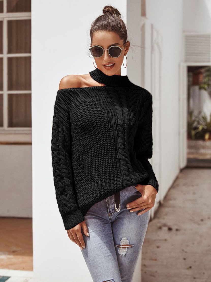 Chunky Knit Off Shoulder Sweater Long Sleeve Round Neck Cozy Fabric Autumn Winter Fashion Wholes