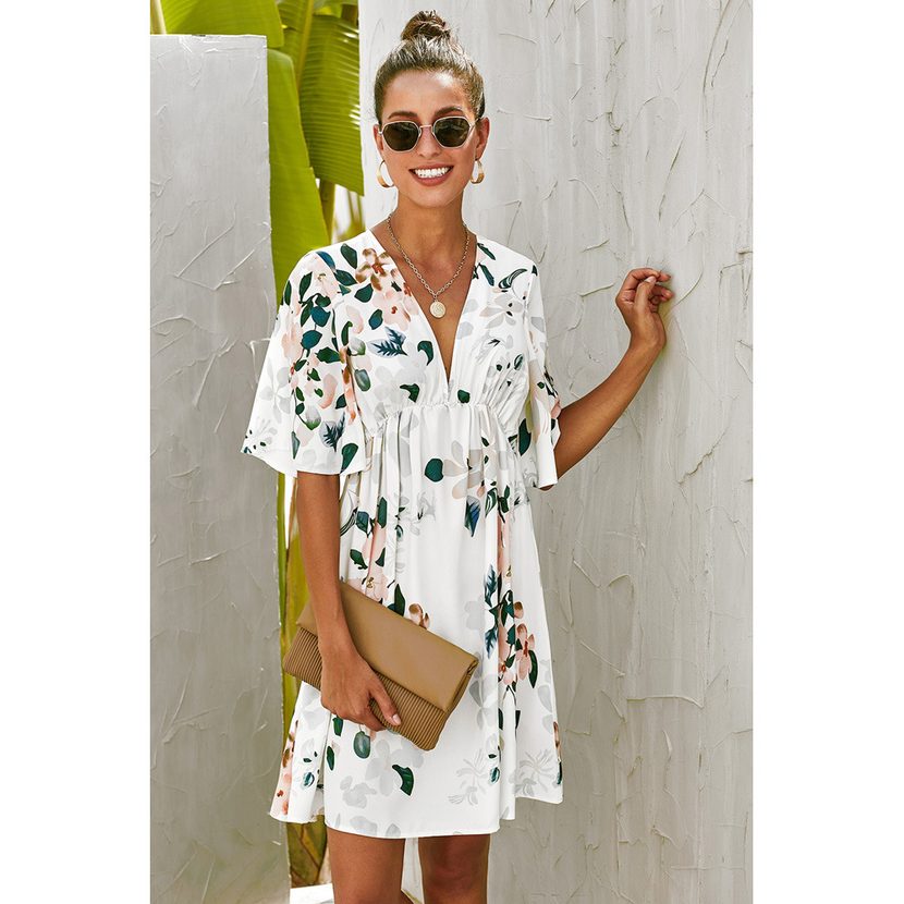 Summer Floral Print V Neck Waist Tie Midi Dress for Women Casual Beachwear Available in S M L Wholesale Options