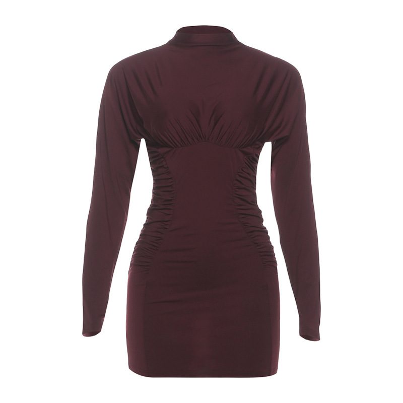 Fashionable Long Sleeve Bodycon Dress Solid Color Ruffled Design Round Neck Autumn Winter Wear W
