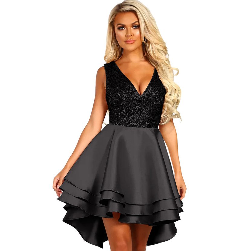 Sequin Evening Dress Sexy V Neck Sleeveless High Waist A Line Asymmetrical Hem Perfect for Parti