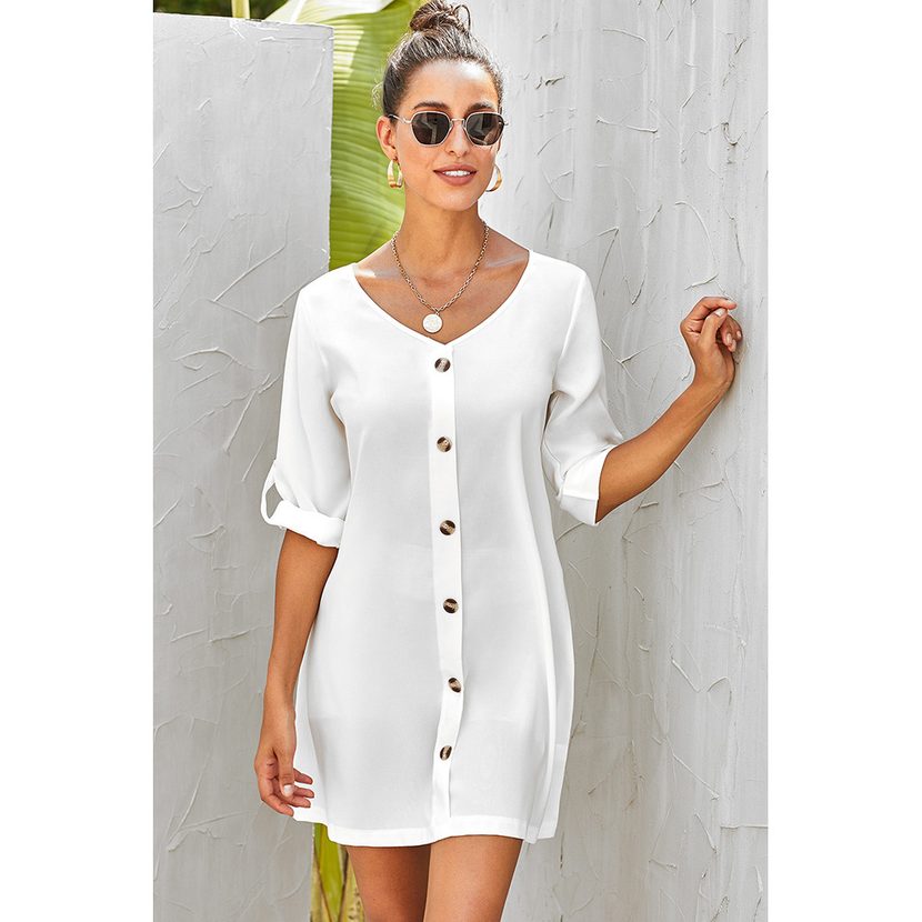 Womens A Line Dress Loose Fit V Neck Button Design Three Quarter Sleeve Plus Size