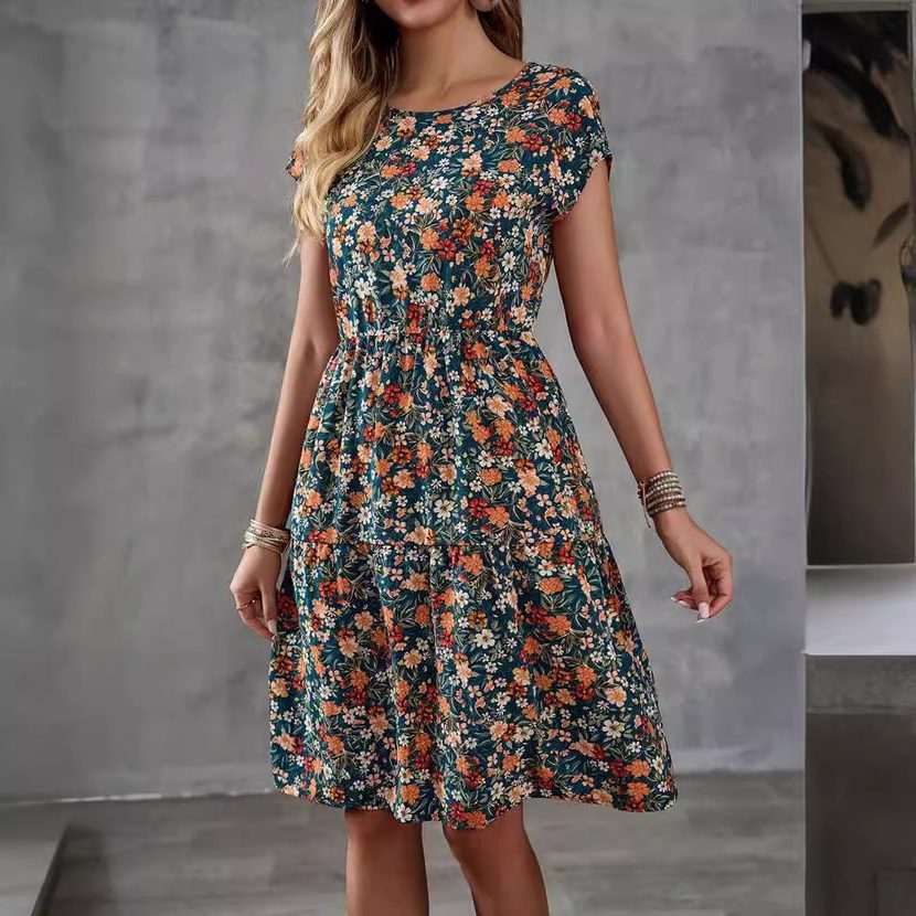 Elegant Floral Print Short Sleeve Dress for Women Round Neck Available in Multiple Sizes Wholesale private label