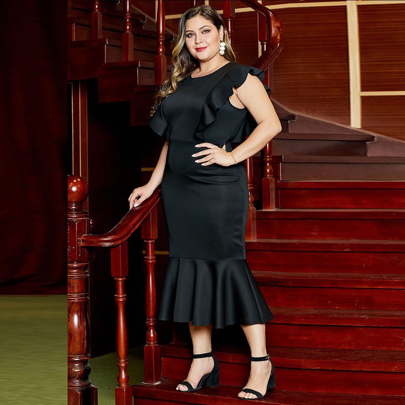 Plus Size Womens Dress Short Sleeve Ruffle Design Round Neck High Waist Casual Wear