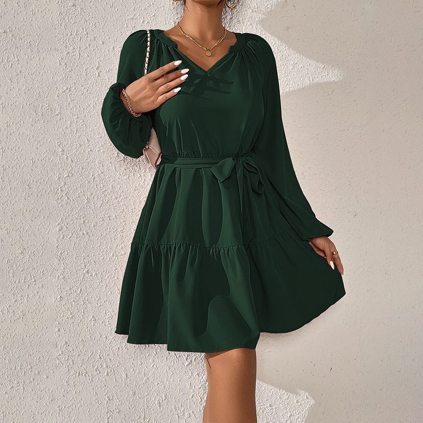 Casual Long Sleeve Ruffle Hem Dress Loose Fit Waist Defining Elegant Style Spring Summer Collect
