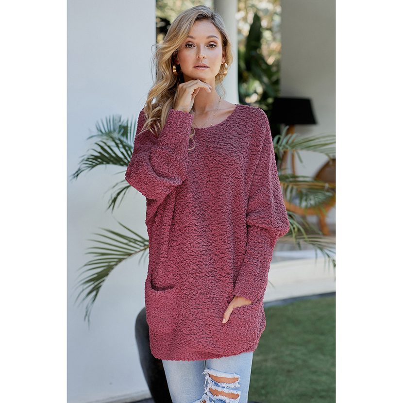 Womens Long Knit Sweater Solid Color Round Neck Long Sleeve Loose Fit Autumn Winter Casual Wear