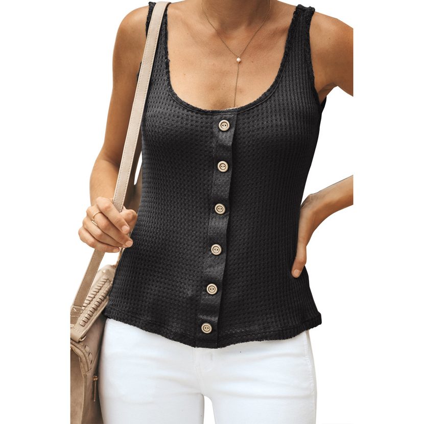 Womens Summer U Neck Sleeveless Tank Top Sexy European Style Single Button Design Lightweight Fa