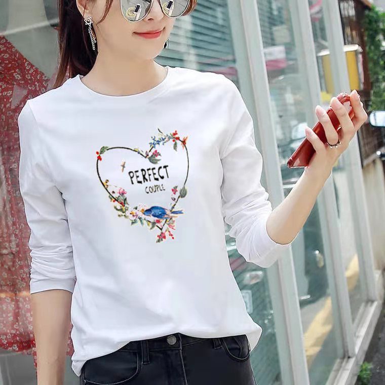 Womens Loose Fit Cotton T Shirt Digital Print Round Neck Long Sleeve Casual Autumn Wear Wholesal
