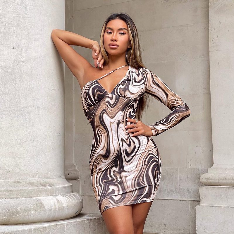 One Shoulder Long Sleeve Bodycon Dress with Water Wave Print for Summer Wholesale ready to ship fast shipping