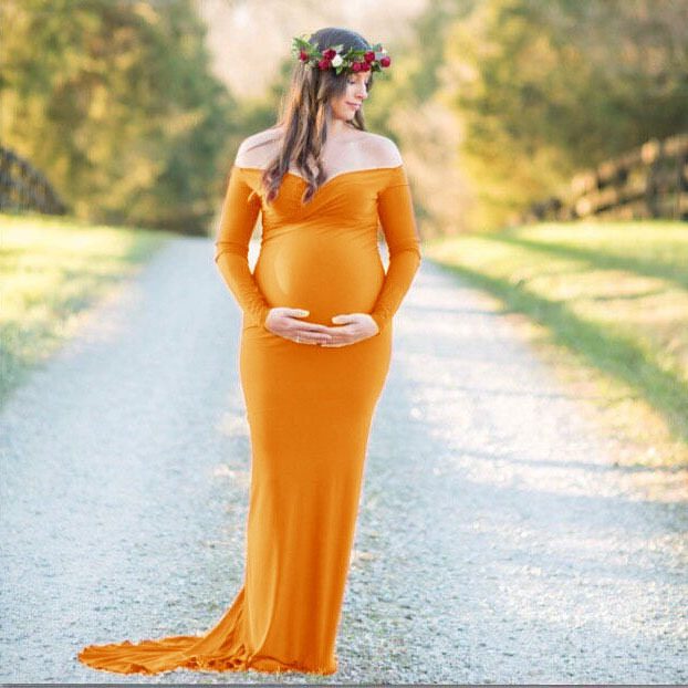 V Neck Long Sleeve Maternity Dress in Silk Cotton for Spring Photography Events in Multiple Sizes