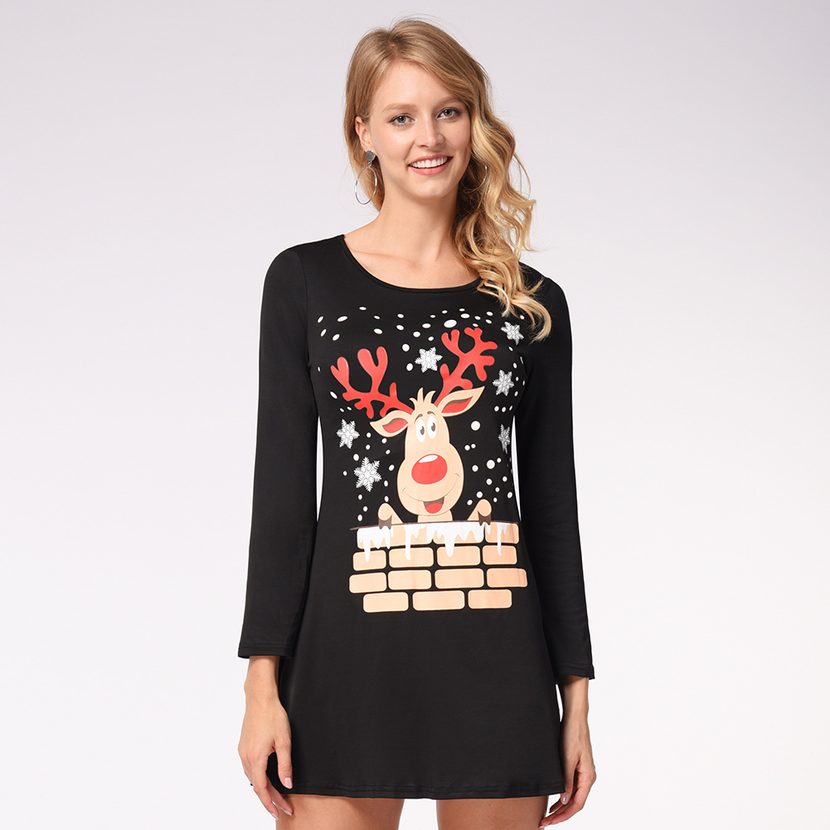 Casual Printed Long Sleeve Dress for Women Autumn Winter Fashion Perfect for Christmas Celebrati