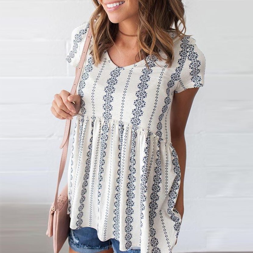Loose Fit Womens T Shirt Summer Floral Print Round Neck Short Sleeve Available in Multiple Sizes Wholesale