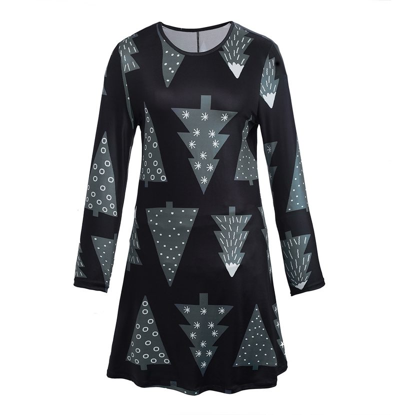 Womens Christmas Dress Round Neck Snowman Print Autumn Winter Casual Style
