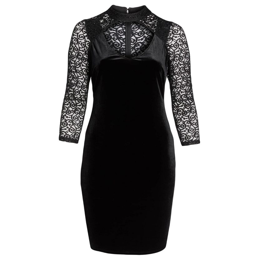 Velvet Evening Dress for Women Lace High Neck Hollow Out Three Quarter Sleeve Bodycon Plus Size