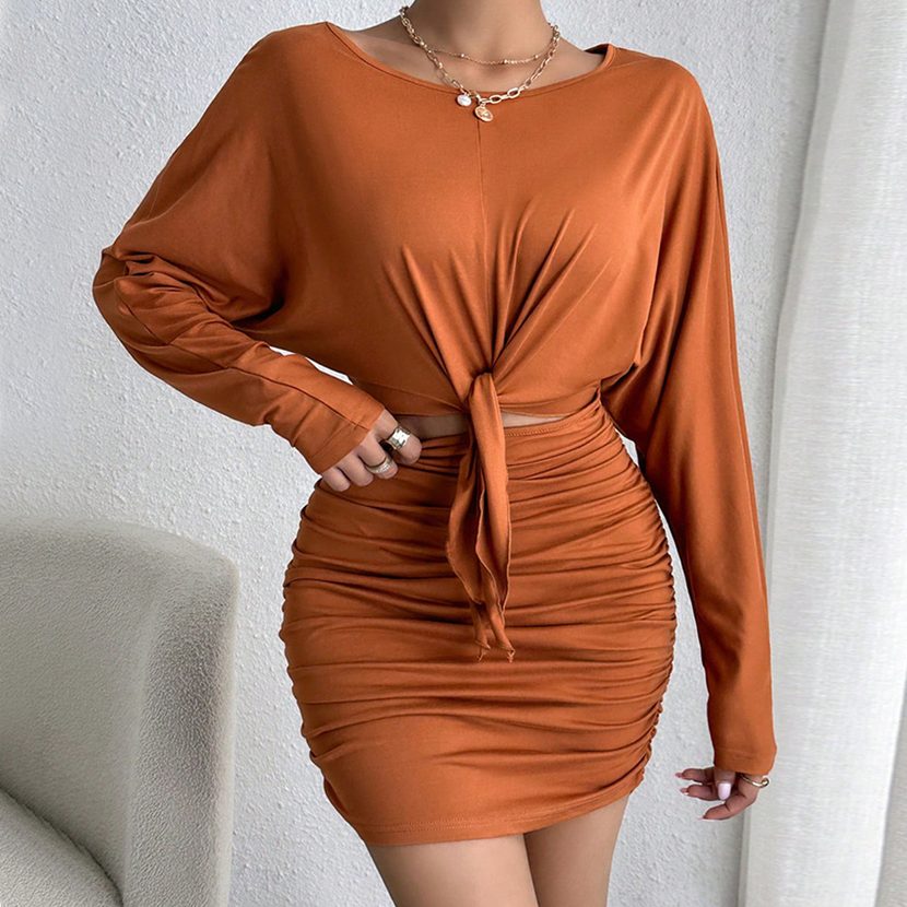 Batwing Sleeve Bodycon Dress Long Sleeve Round Neck Waist Tie Solid Color Winter Fashion for Par