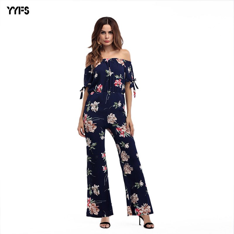 Floral Off Shoulder Short Sleeve Jumpsuit Chiffon Fabric Elegant Design Spring Summer Wear Whole