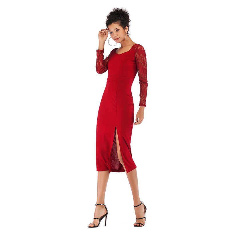 Lace Panel Pencil Dress Sexy Split Hem Solid Color Elegant Design Spring Fashion for Women Whole