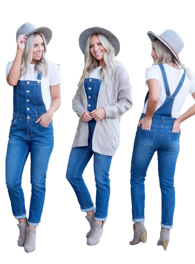 Womens Denim Overalls Five Button Design Casual Fit Adjustable Straps OEM ODM service