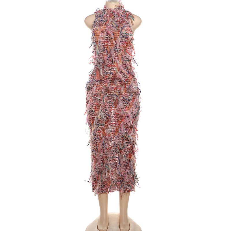 Womens Color Block Fringe Sleeveless Dress Slim Fit High Neck Trendy Style Perfect for Autumn Ev