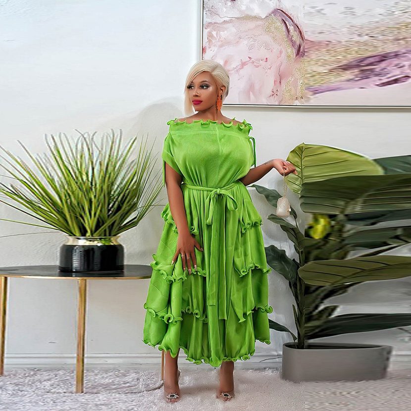 High Waist Pleated Maxi Dress for Women Solid Color Long Sleeve Elegant Style Perfect for Autumn Winter Wholesale