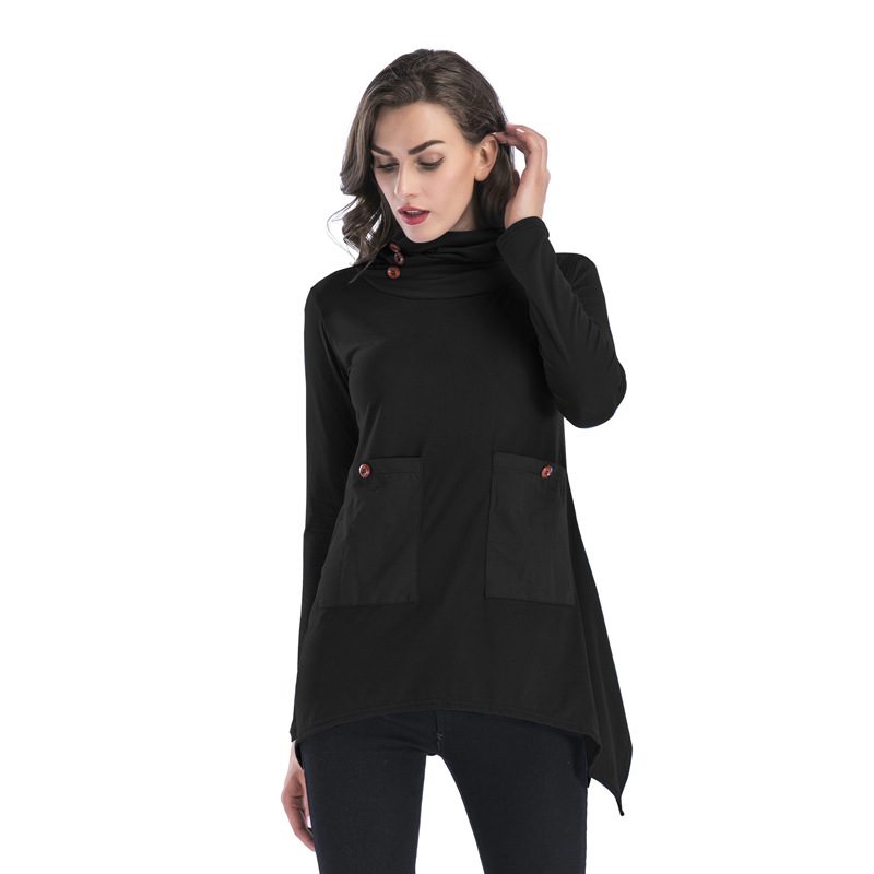 Womens Long Sleeve Pocket T Shirt Solid Color Irregular Hem Mid Length Casual Wear for Spring Wh