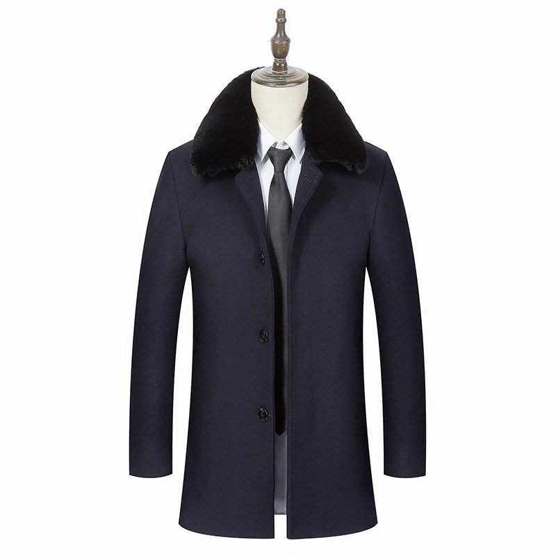 Mens Business Casual Mid Length Detachable Wool Blend Overcoat Stylish Turn Down Collar Versatil