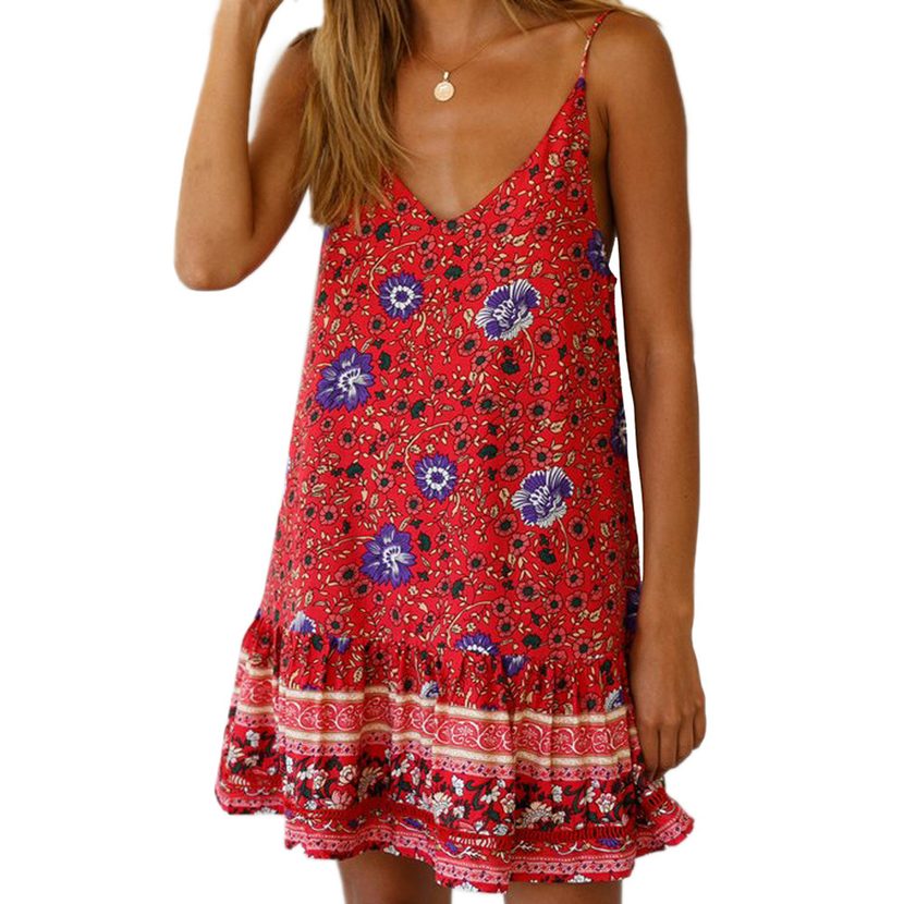 A Line Mini Dress Sleeveless V Neck Floral Print Summer Casual Wear factory direct