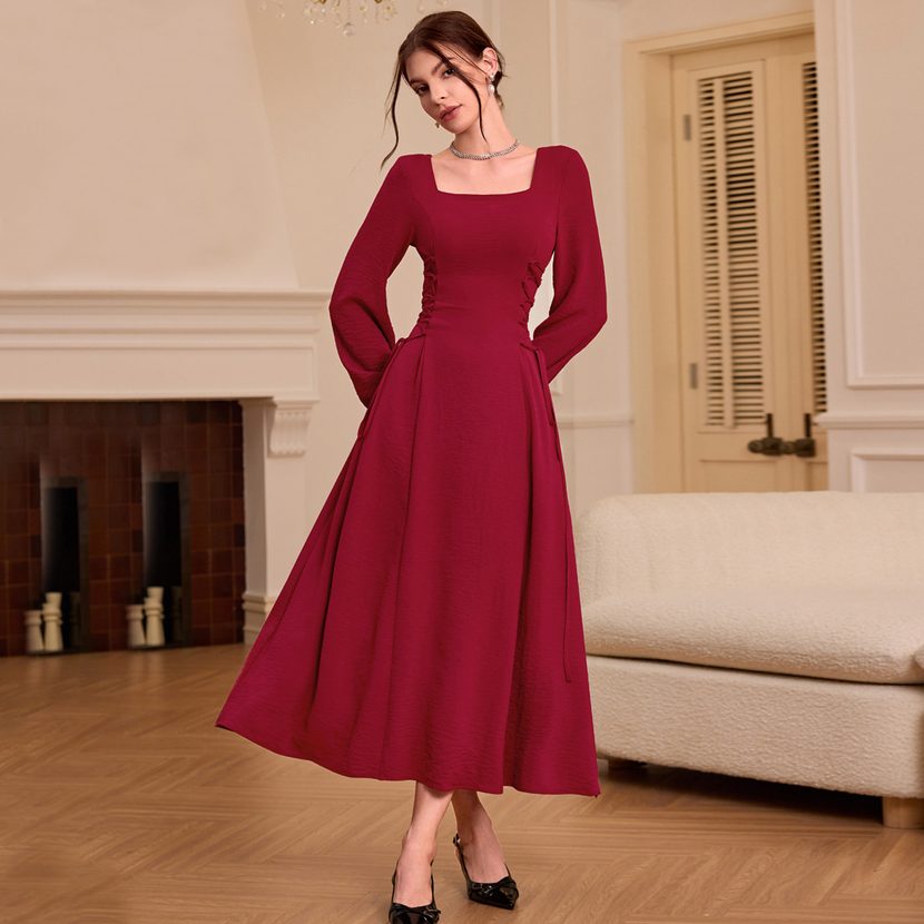 French Square Neck Burgundy Long Sleeve Dress Vintage Style Slim Fit Autumn Winter Wholesale Ava