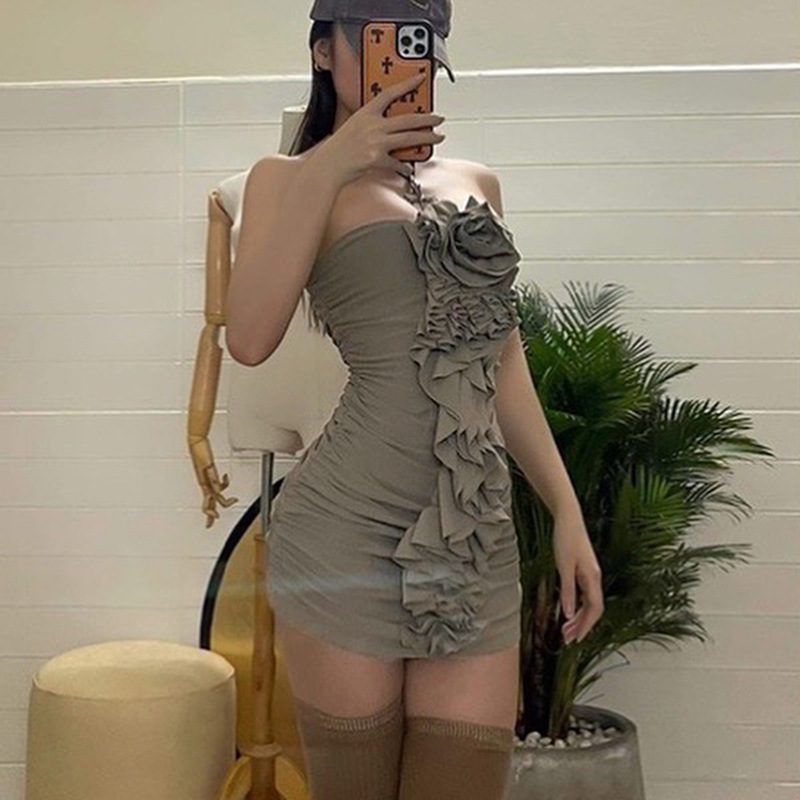 Strapless Pleated Floral Bodycon Dress for Women Slim Fit Elegant Style Available in S M L Wholesale