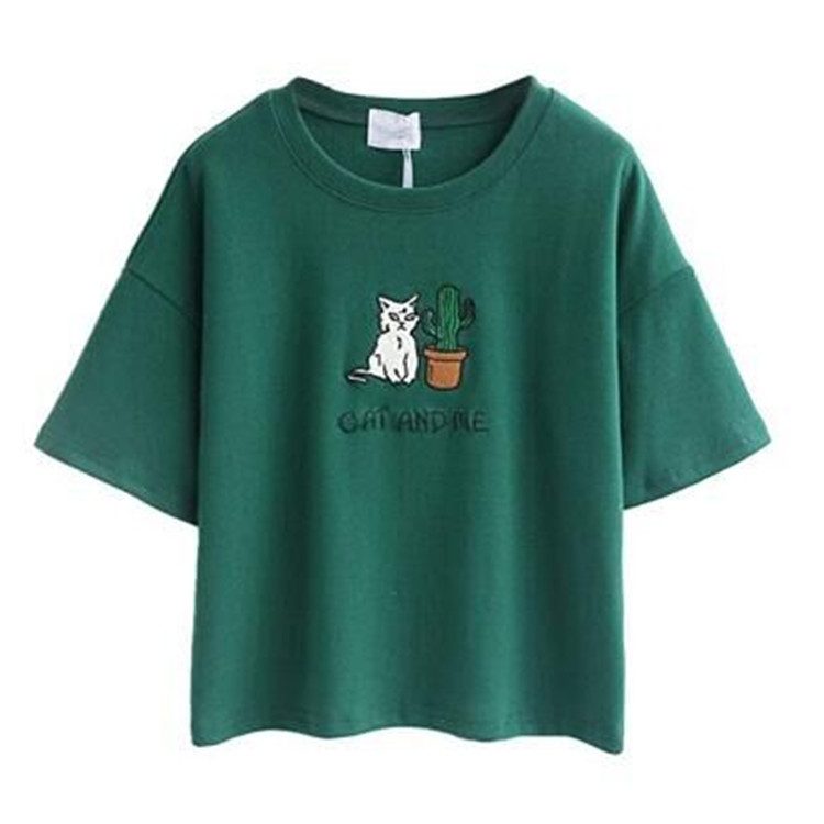 Cotton Crop Top Short Sleeve Cactus Embroidery Minimalist Design Summer Casual Wear Wholesale Av