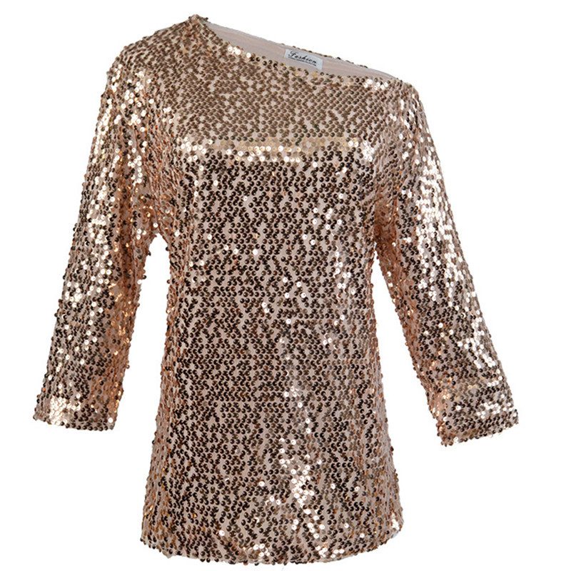 Womens Loose Fit Sequin Shoulder T Shirt Solid Color Three Quarter Sleeve Casual Style Wholesale