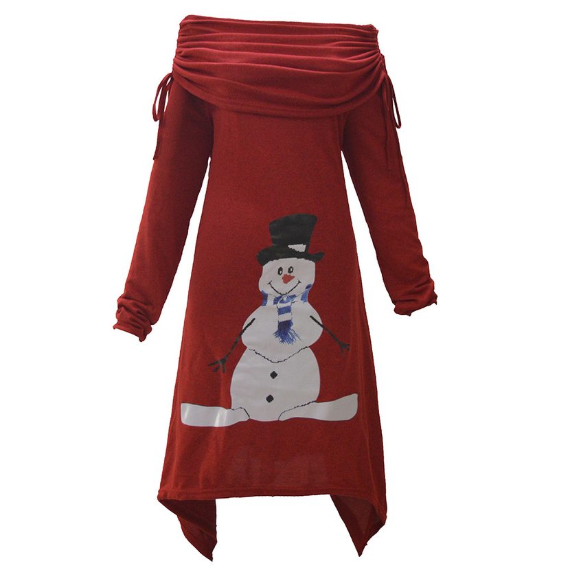 Womens Christmas Snowman Print Dress Pleated Collar Asymmetrical Hem Drawstring Design Perfect f