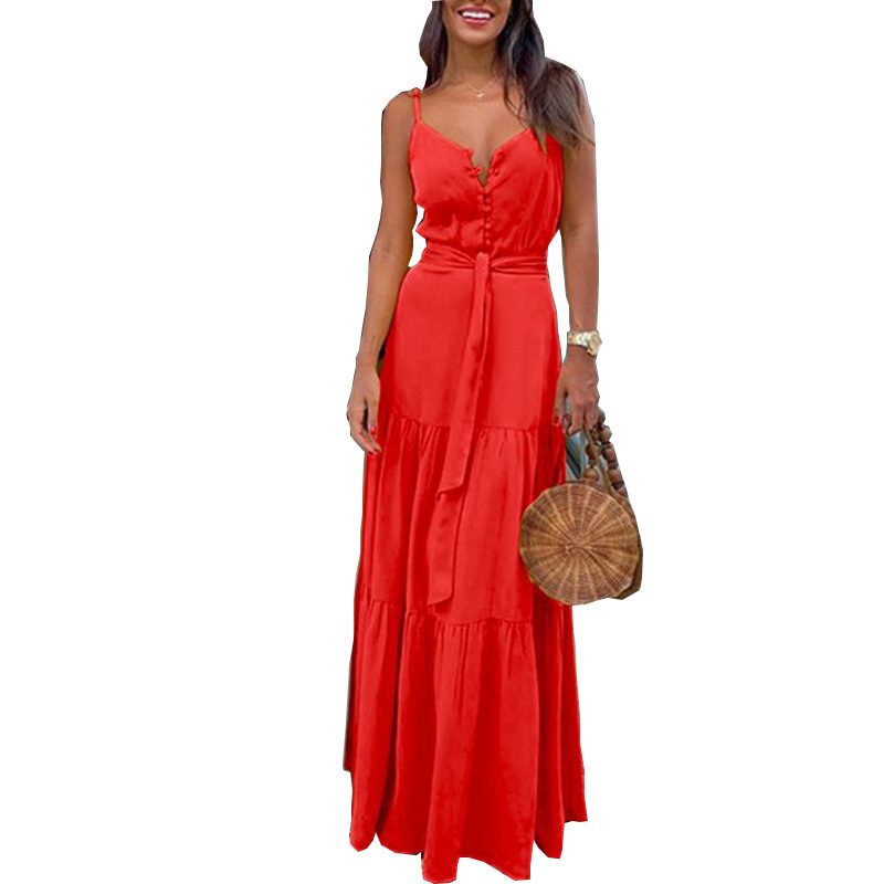 Womens Summer Dress Unique Button Design V Neck Color Block Sleeveless Casual Wear for Parties o