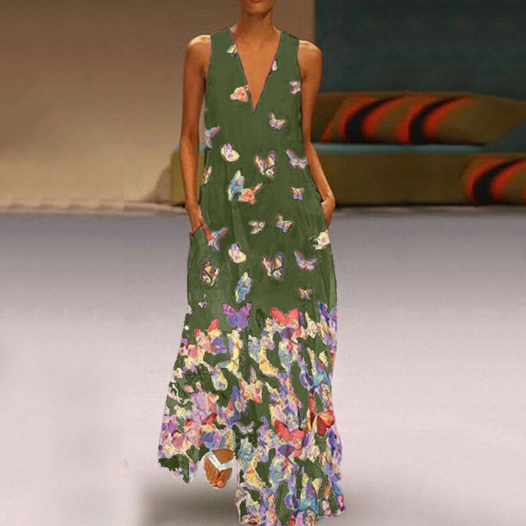 Bohemian Butterfly Print Maxi Dress V Neck Sleeveless Plus Size Summer Beachwear Wholesale Avail