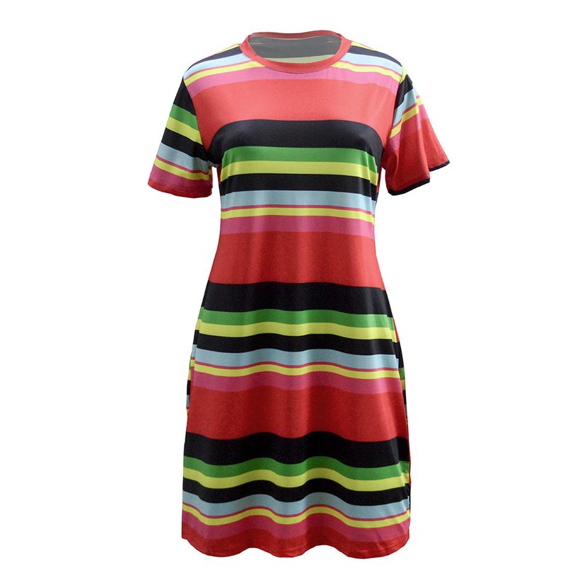 Plus Size Red Striped Dress Slim Fit Short Sleeve Comfortable Fabric Summer Fashion for Women Wh