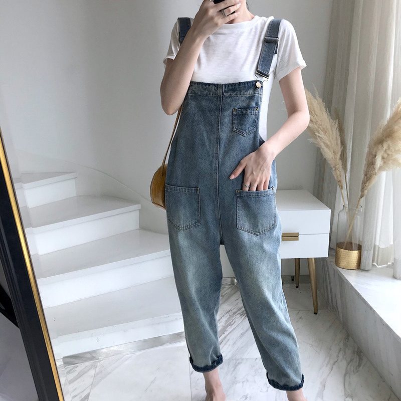 网红牛仔背带裤女2022春夏新款宽松韩版猫爪学生怪兽可爱九分裤潮