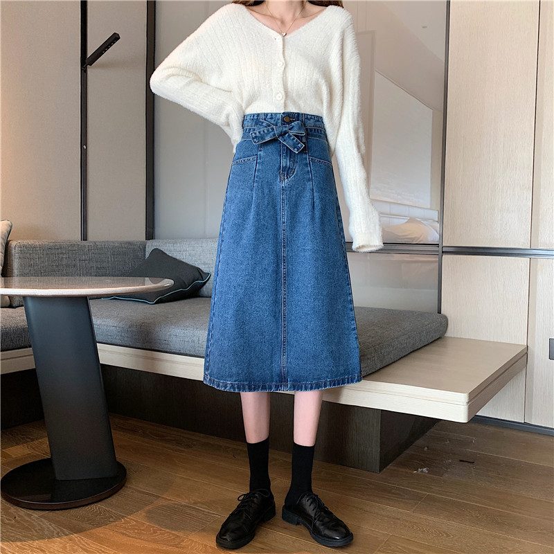 2022春秋新款牛仔半身裙女中长款包臀高腰a字裙开叉显瘦百搭长裙