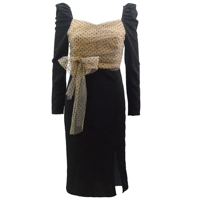 Autumn Winter Polka Dot Dress Slim Fit Waist Tie Long Sleeve Casual or Party Wear Wholesale Avai