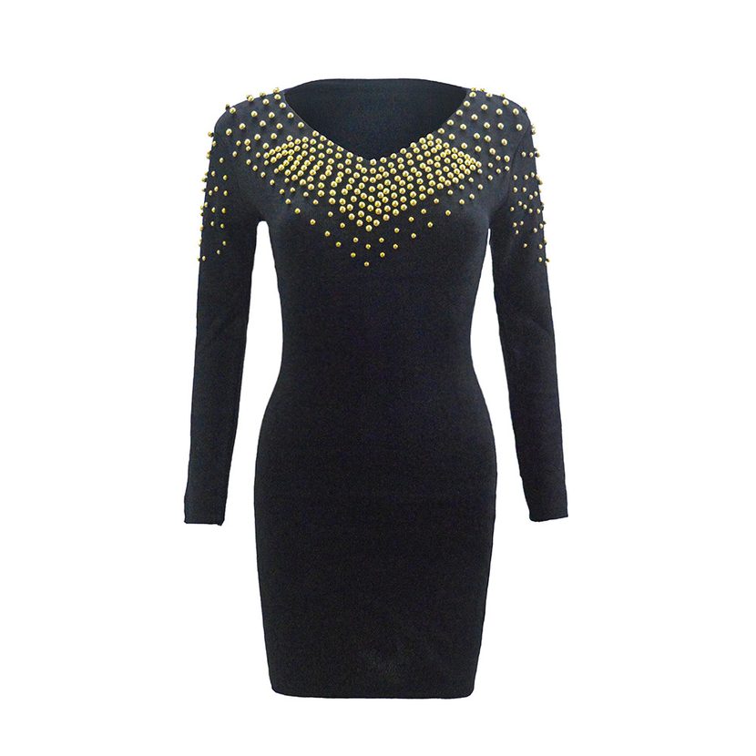 Womens Long Sleeve Knit Dress Sexy V Neck Beaded Detail Bodycon Fit Autumn Winter Fashion Wholes