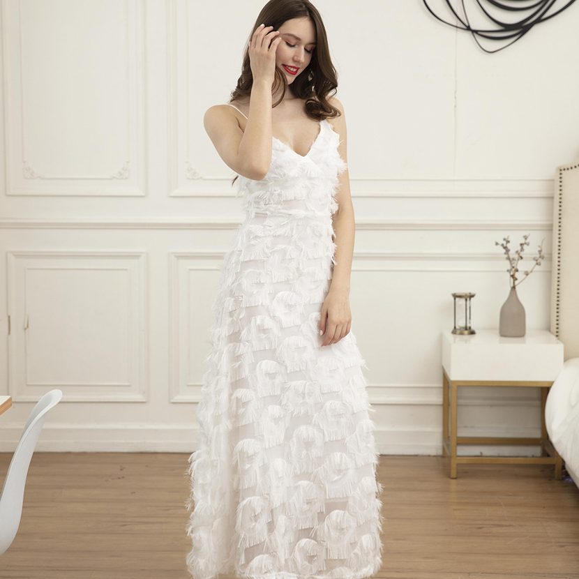 Elegant Backless Maxi Dress Sexy Lace Feather Details Lightweight Fabric Perfect for Parties and