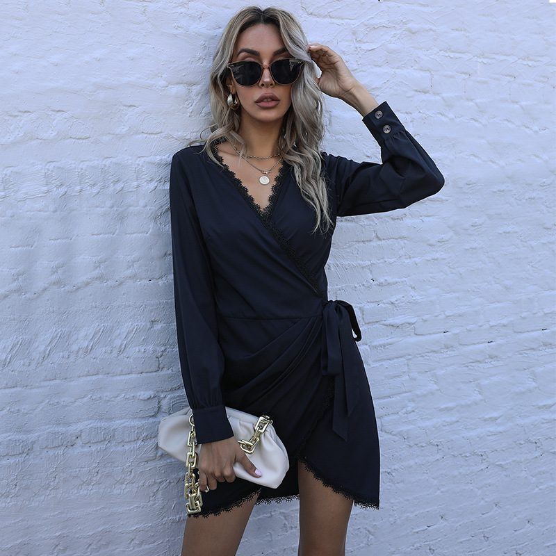 Black Lace Up Asymmetrical Dress Fashionable Fall Style Elegant for Parties and Events Wholesale
