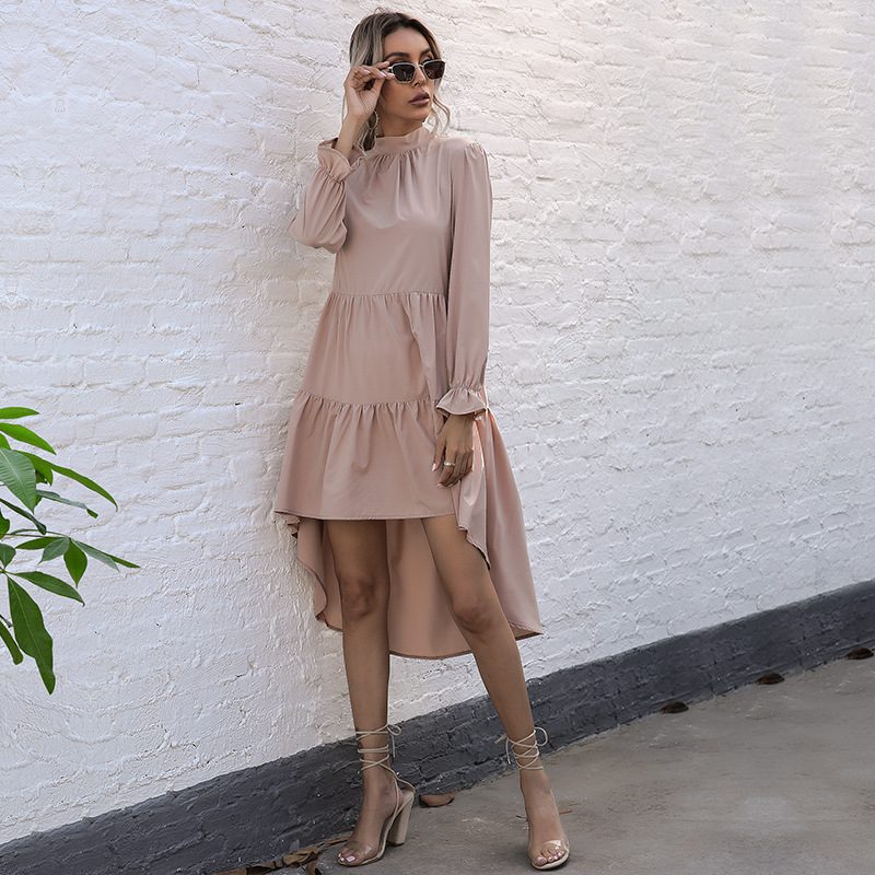 Plus Size Long Sleeve High Neck Dress in Solid Colors Khaki Green Red Black for Casual Wear Wholesale