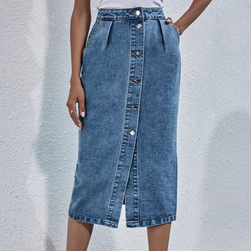 High Waisted Denim Skirt Single Breasted Fashionable Casual Style Perfect for Spring and Summer