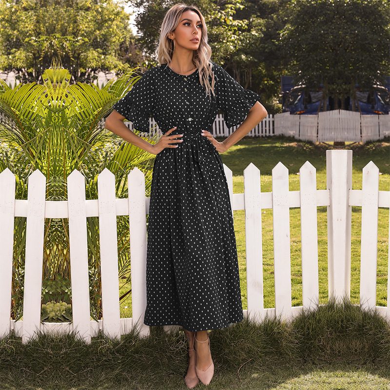 Floral Print Ruffle Sleeve Dress Round Neck Black Polka Dot Summer Style Wholesale Available