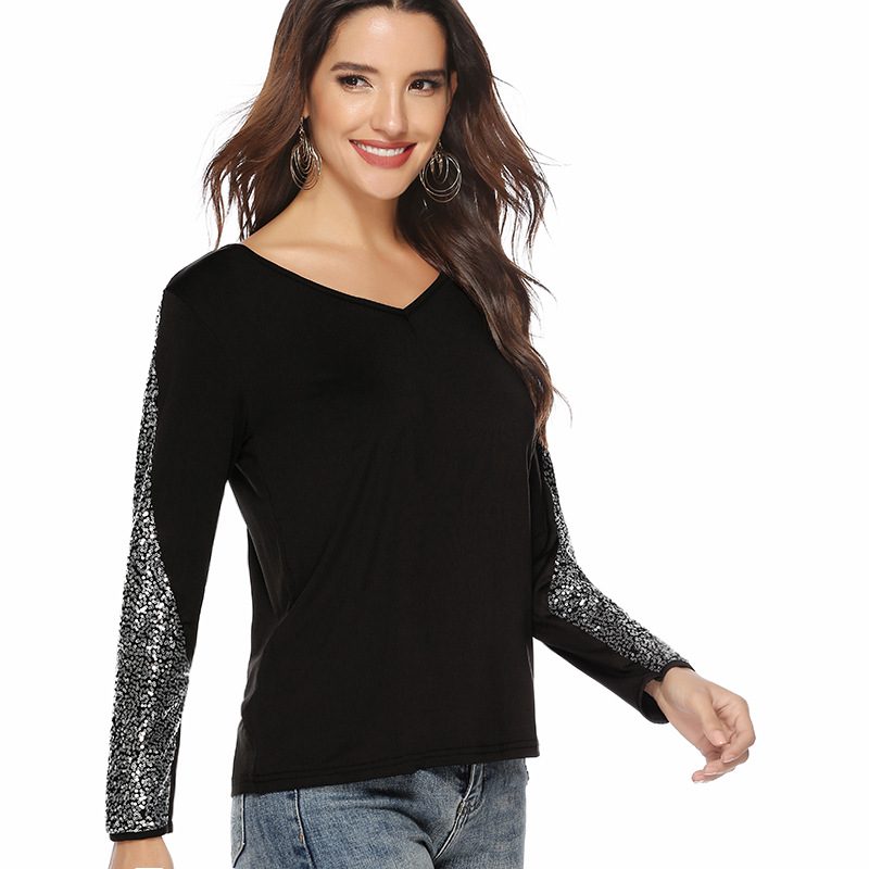 Sequin Patchwork Long Sleeve V Neck T Shirt for Women Autumn Winter Fashion Casual Wear Wholesal