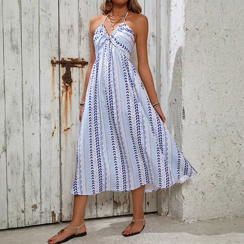 Geometric Print Halter Neck Dress for Women Summer Beach Vacation Style Available in Blue Wholesale Sizes S to XL