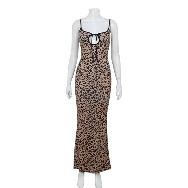 Fashionable Leopard Print Dress for Women Low Cut Neckline Lace Trim Backless Design Perfect for
