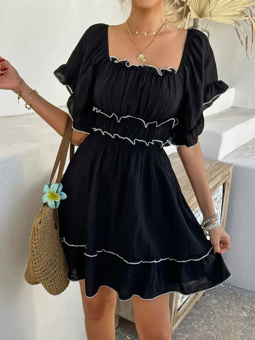 Black French Square Neck Ruffled Short Sleeve Dress Color Block Waist Cinching A Line Silhouette