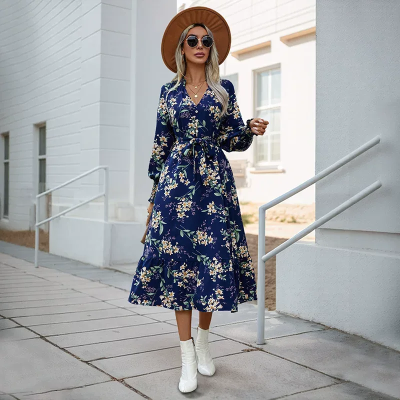 Floral Print Long Sleeve Dress Elegant Design Comfortable Fabric Autumn Collection Perfect for C